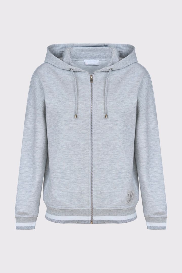 Szara rozpinana bluza z kapturem i srebrną nitką