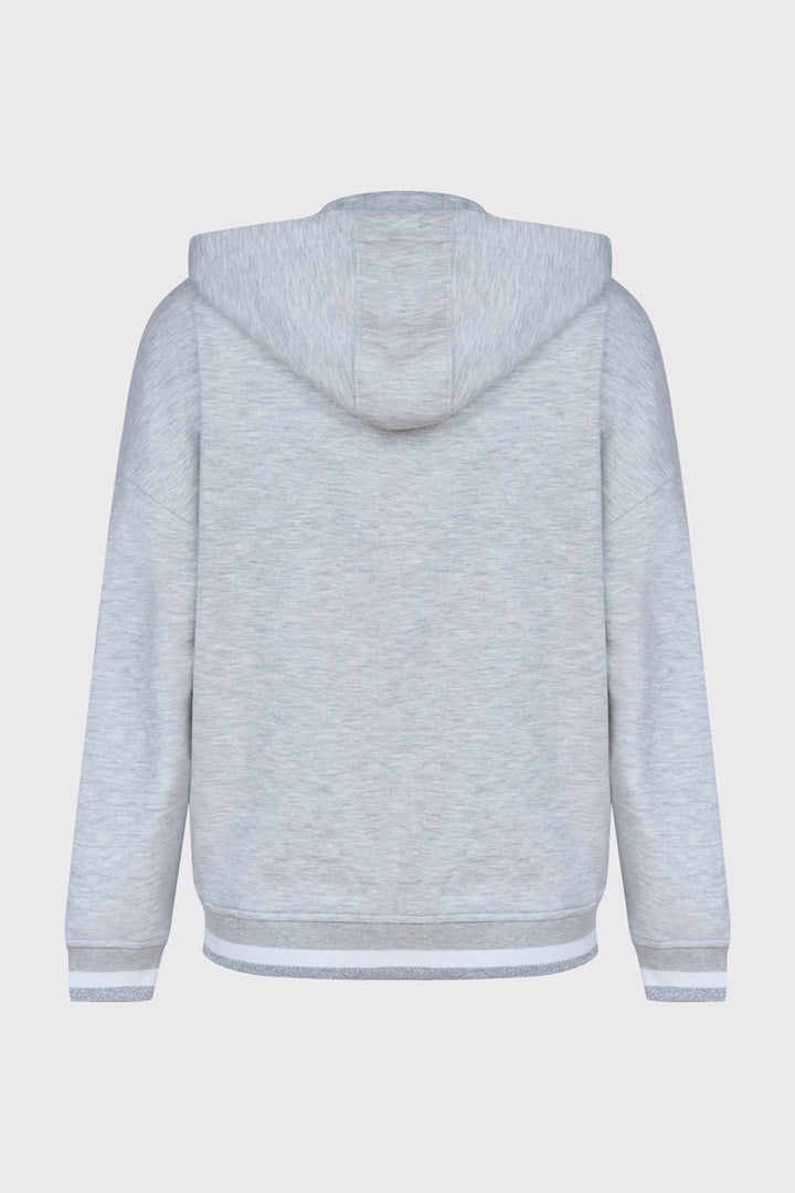Szara rozpinana bluza z kapturem i srebrną nitką