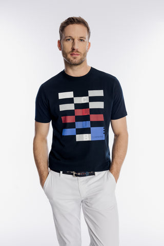 Granatowy męski t-shirt z geometrycznym nadrukiem