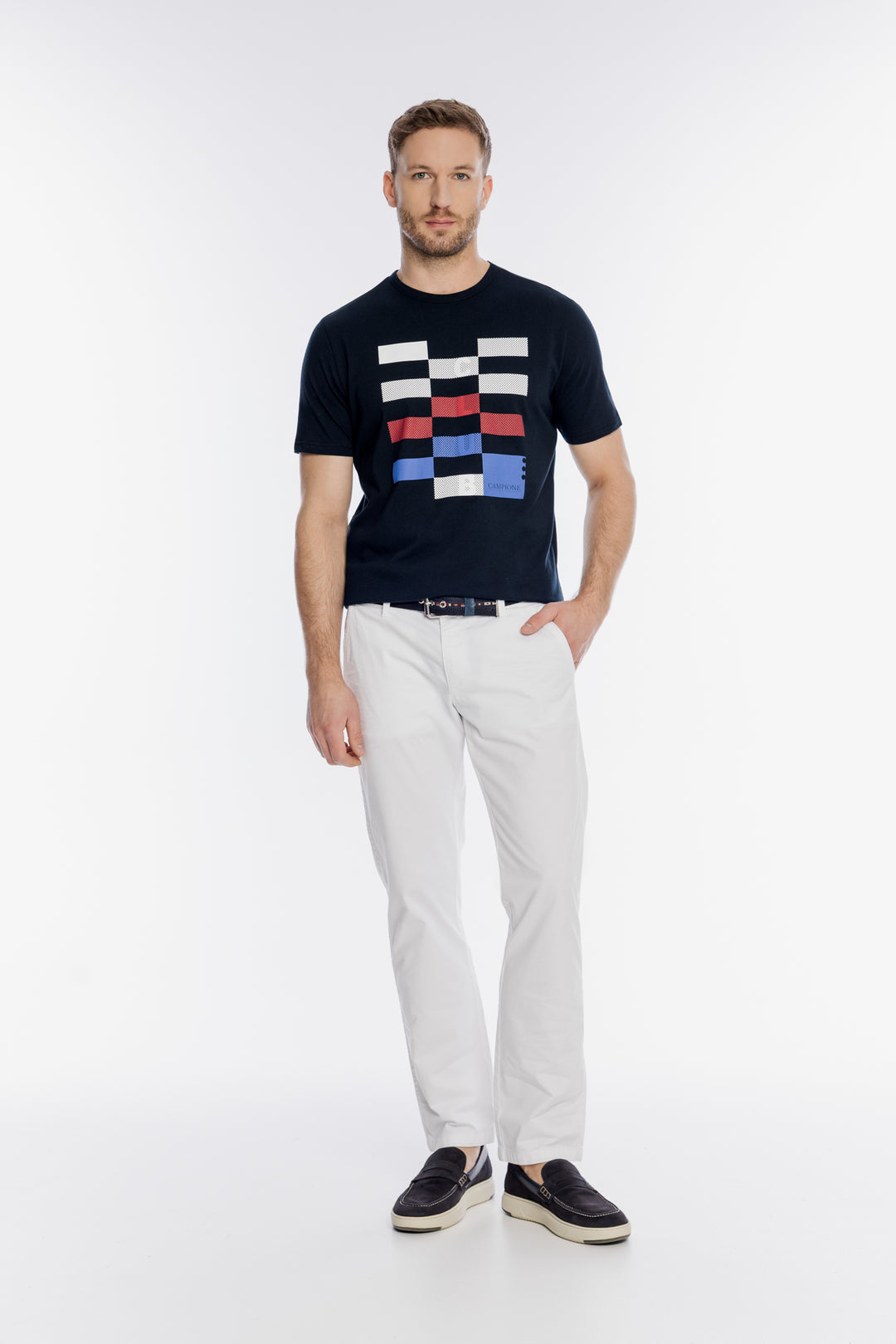 Granatowy męski t-shirt z geometrycznym nadrukiem