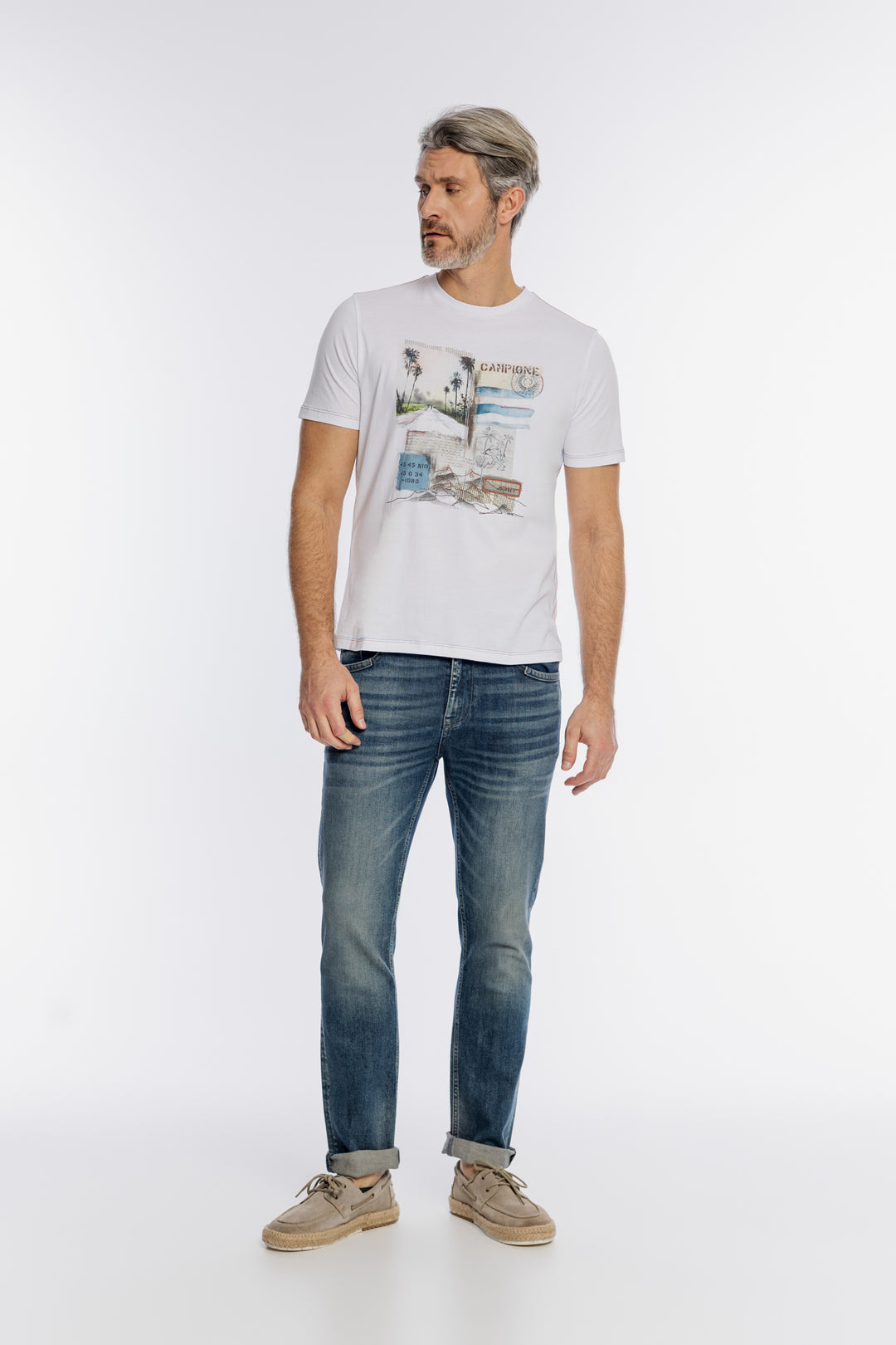 Męski biały t-shirt z nadrukiem Campione