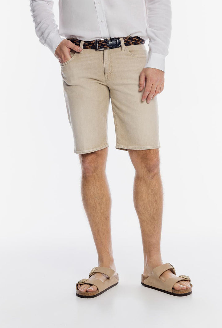 Klasyczne beżowe szorty Alberto o strukturze denimu