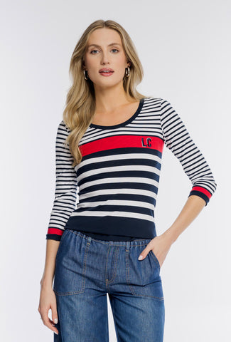 Damska bluzka w marynarskie pasy z czerwonym akcentem