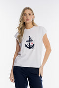 Biały t-shirt damski z haftowaną granatową kotwicą