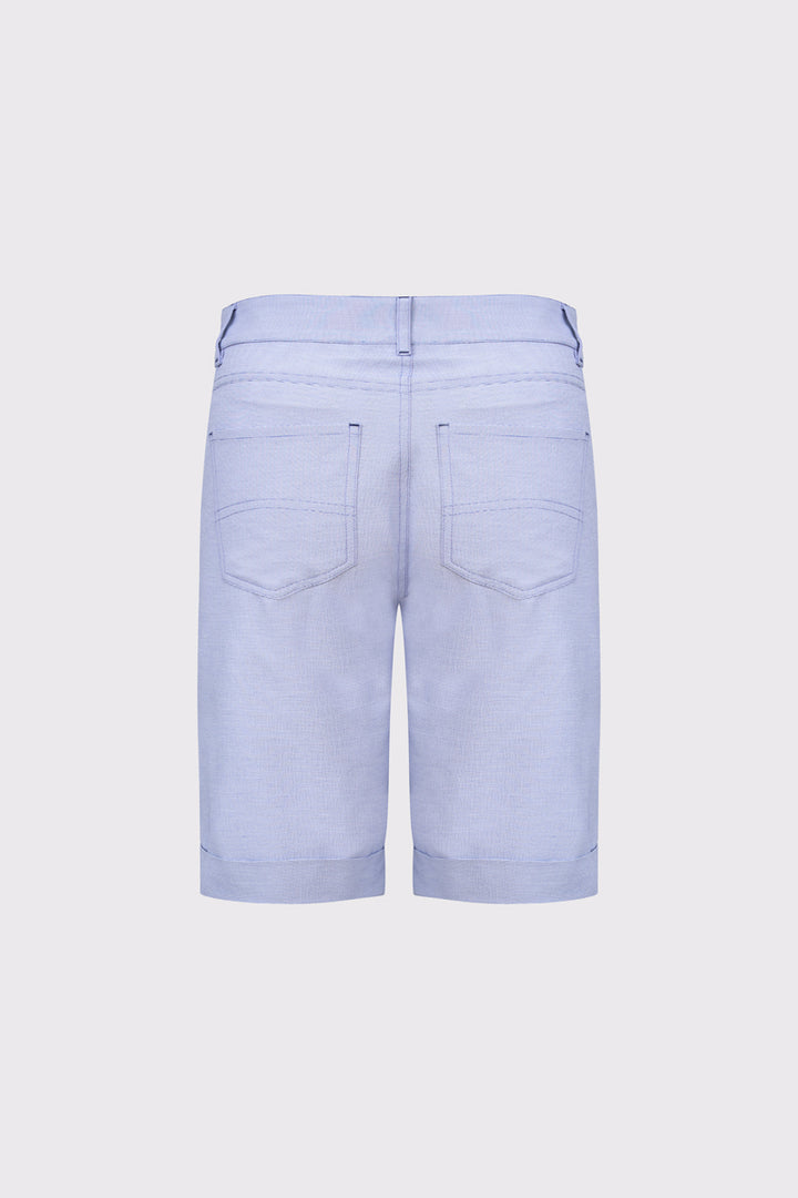 Niebieskie szorty damskie w drobny biały prążek