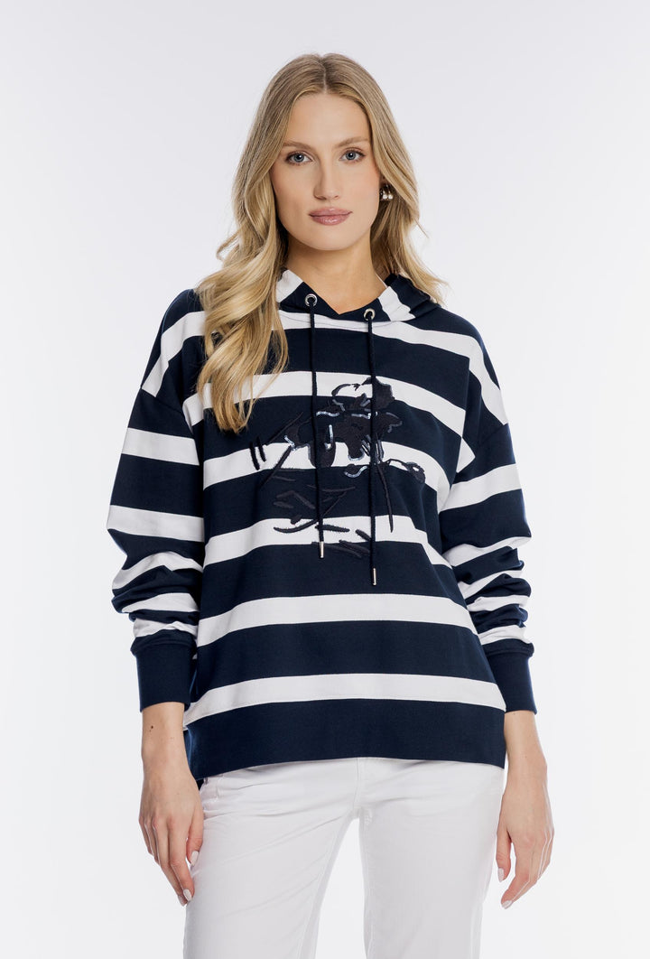 Granatowa bluza z kapturem w szerokie białe pasy