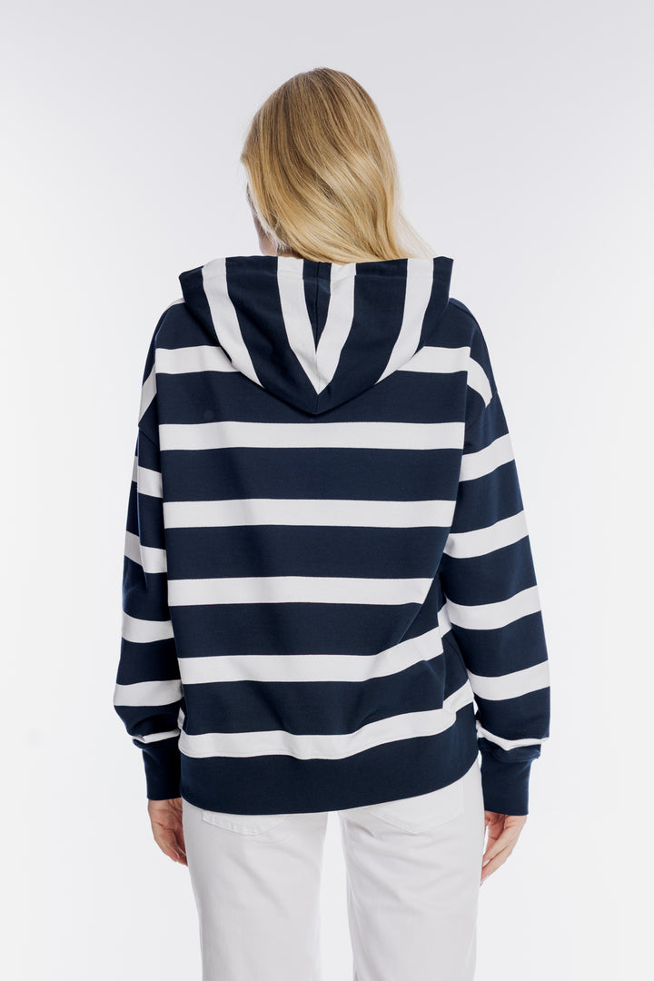 Granatowa bluza z kapturem w szerokie białe pasy