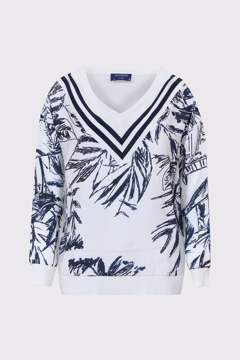 Biała bluza Campione w granatowe roślinne motywy