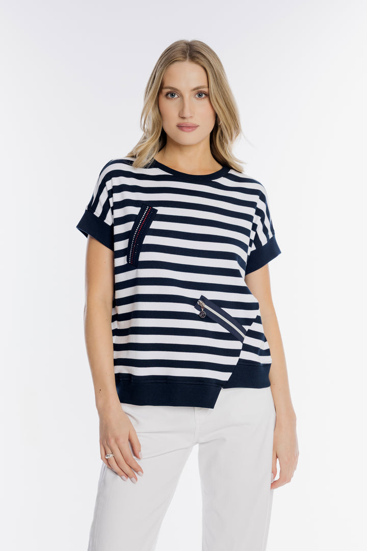 Granatowo-biały t-shirt w paski z ozdobnymi zamkami