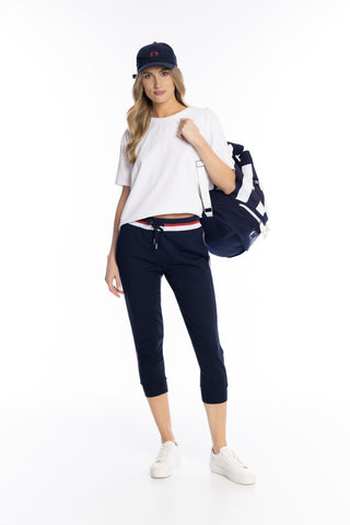 Granatowe spodnie dresowe z kontrastowym pasem i sznurkiem