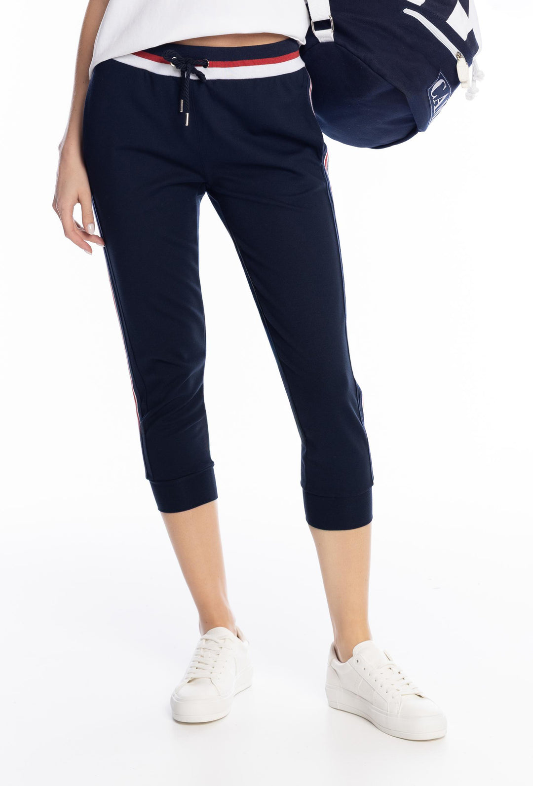 Granatowe spodnie dresowe z kontrastowym pasem i sznurkiem