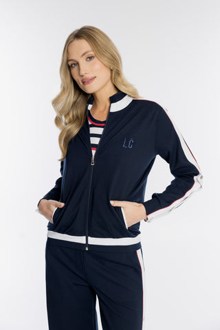 Granatowa rozpinana bluza damska ze stójką i lampasami