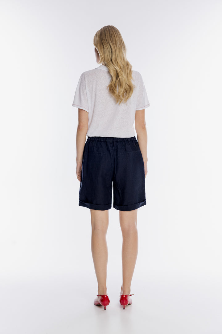 Granatowe lniane szorty damskie z wysokim stanem