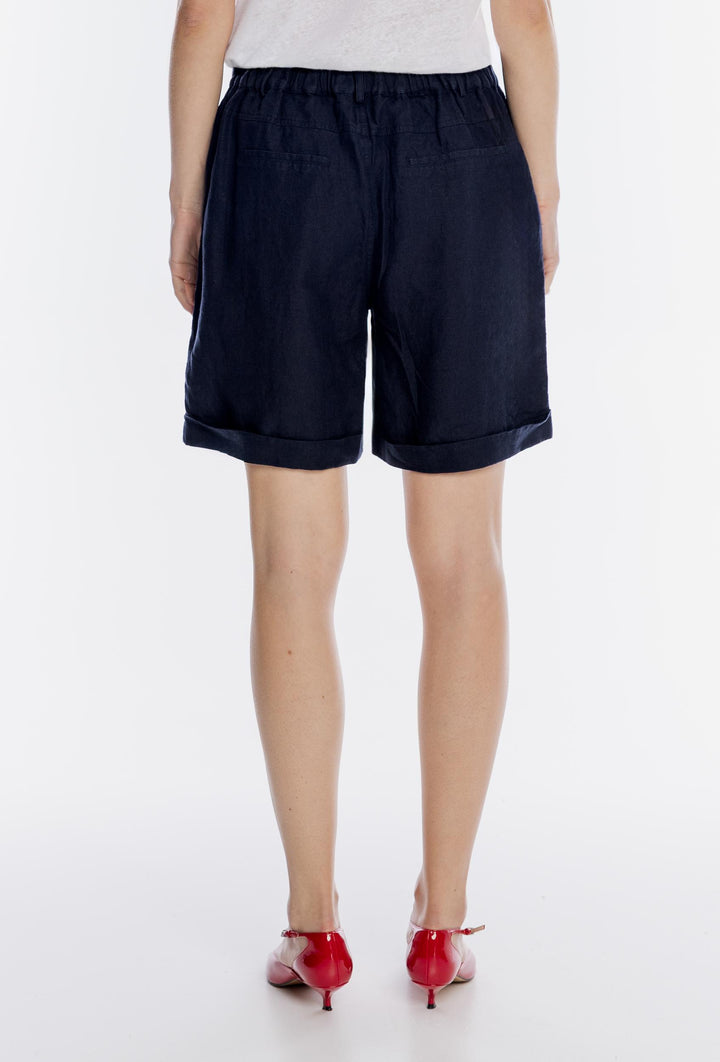 Granatowe lniane szorty damskie z wysokim stanem