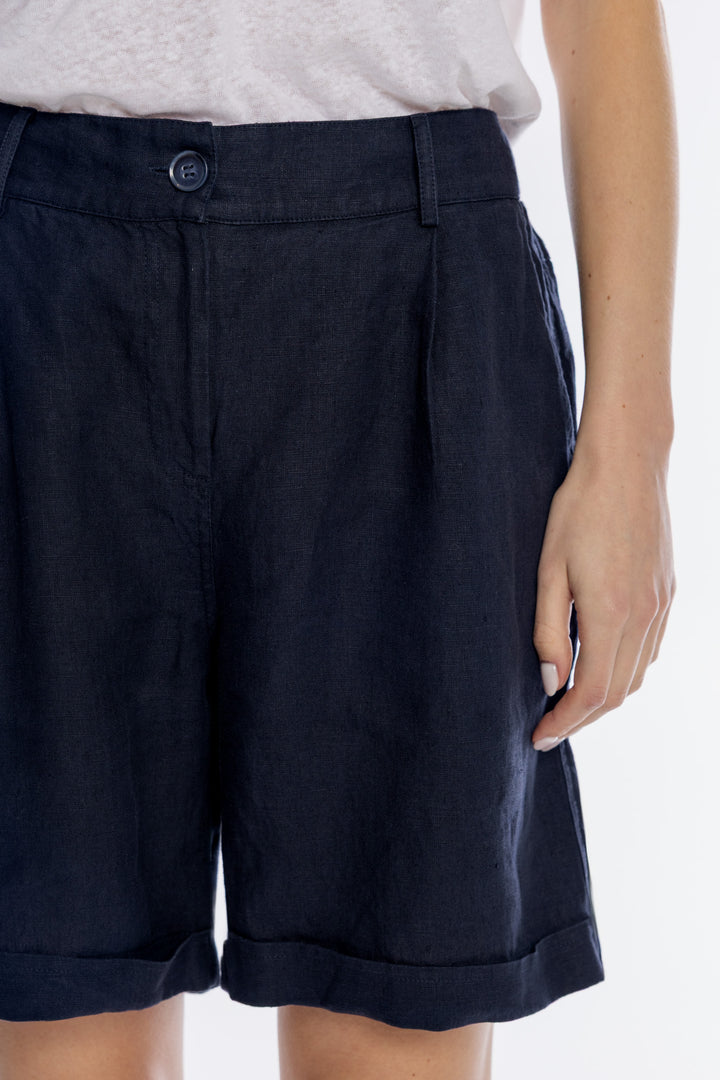 Granatowe lniane szorty damskie z wysokim stanem