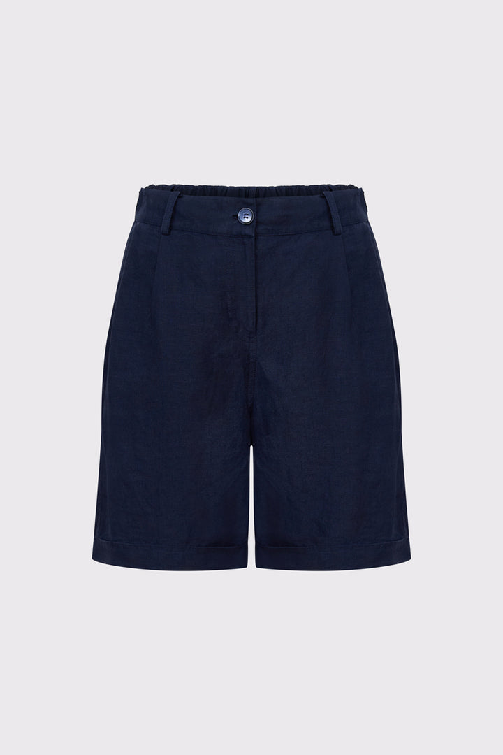 Granatowe lniane szorty damskie z wysokim stanem