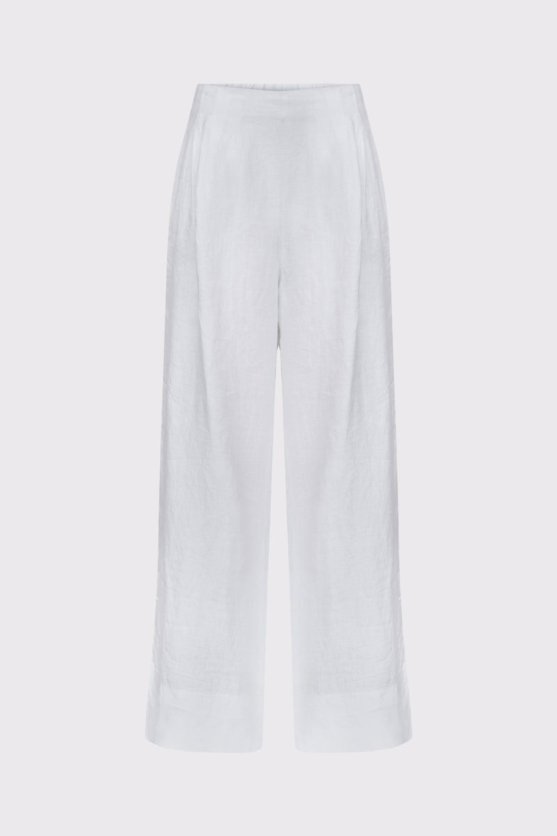 Białe lniane spodnie damskie z szerokimi nogawkami