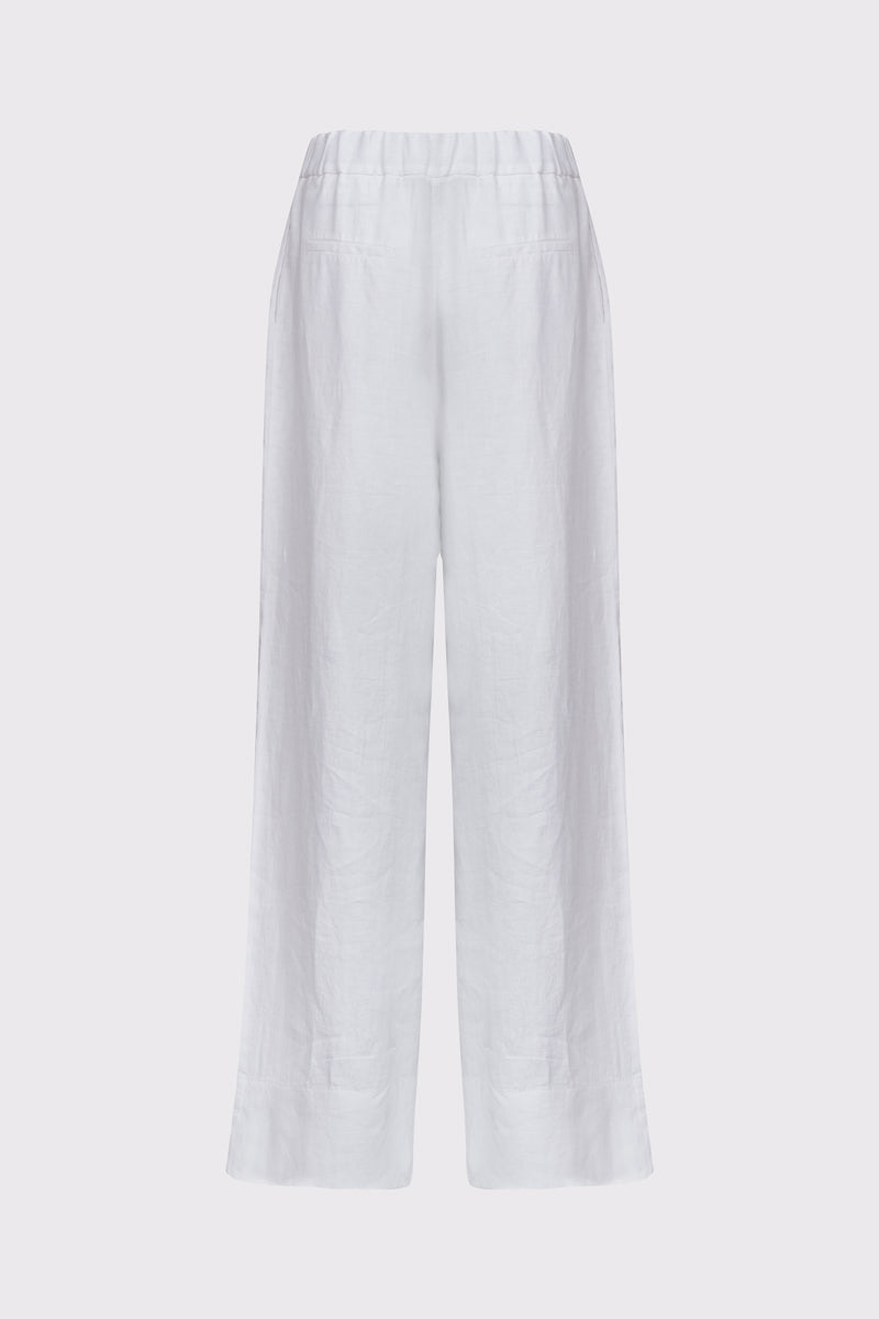 Białe lniane spodnie damskie z szerokimi nogawkami