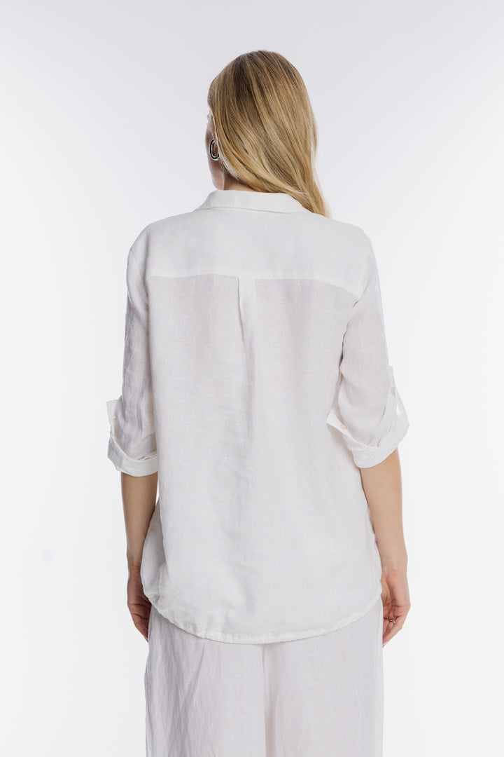 Biała lniana koszula damska z kwiatowym haftem