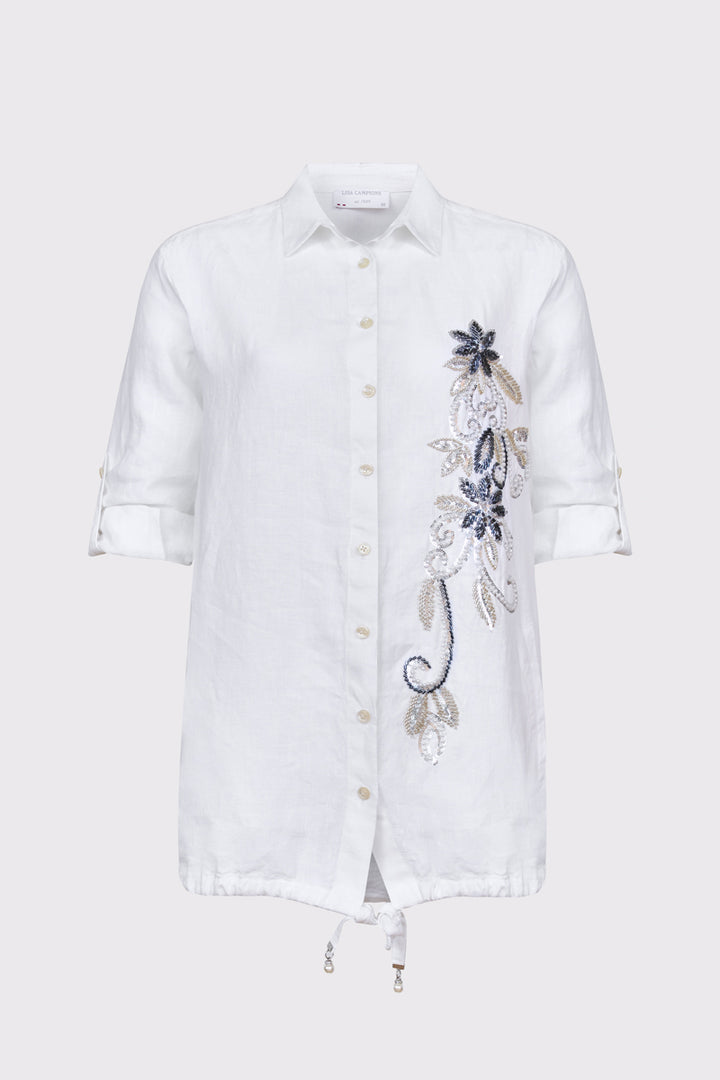 Biała lniana koszula damska z kwiatowym haftem