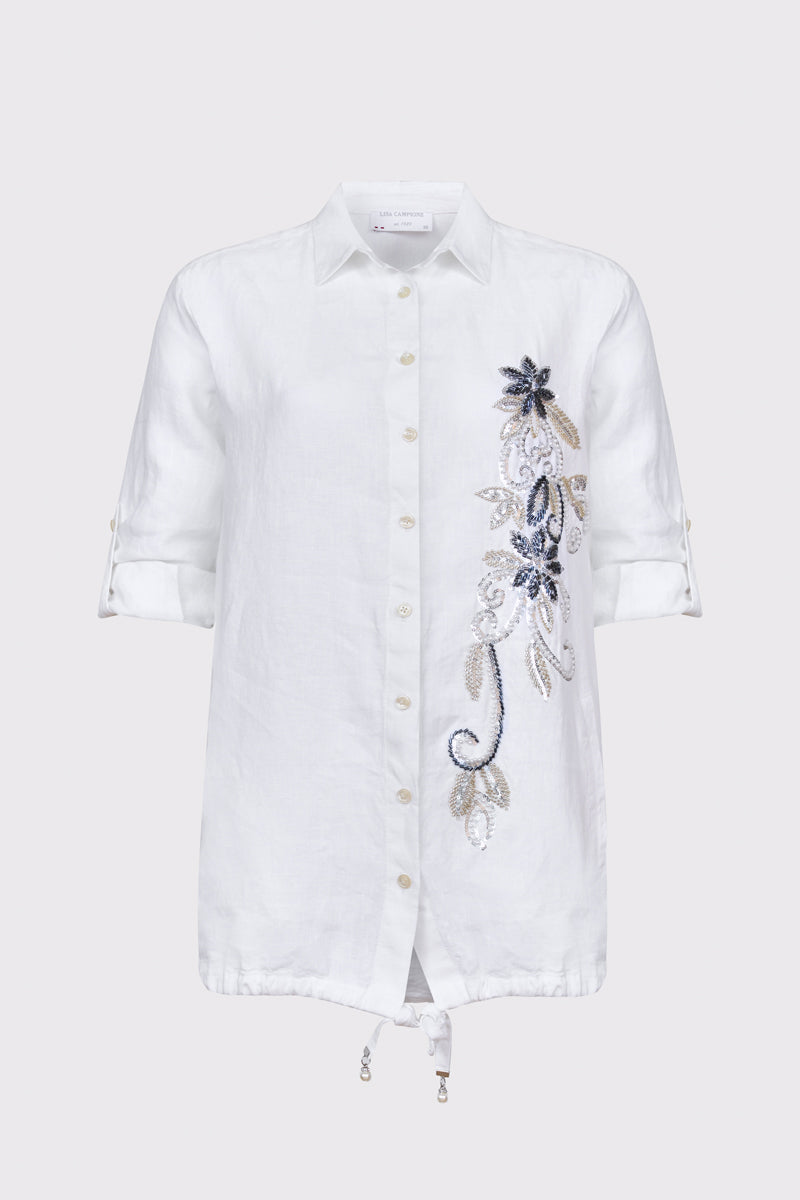 Biała lniana koszula damska z kwiatowym haftem
