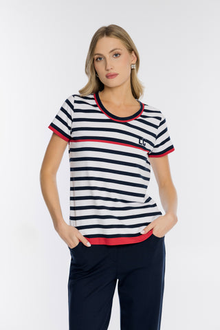 Damski T-shirt w marynistyczne paski z czerwonymi akcentami