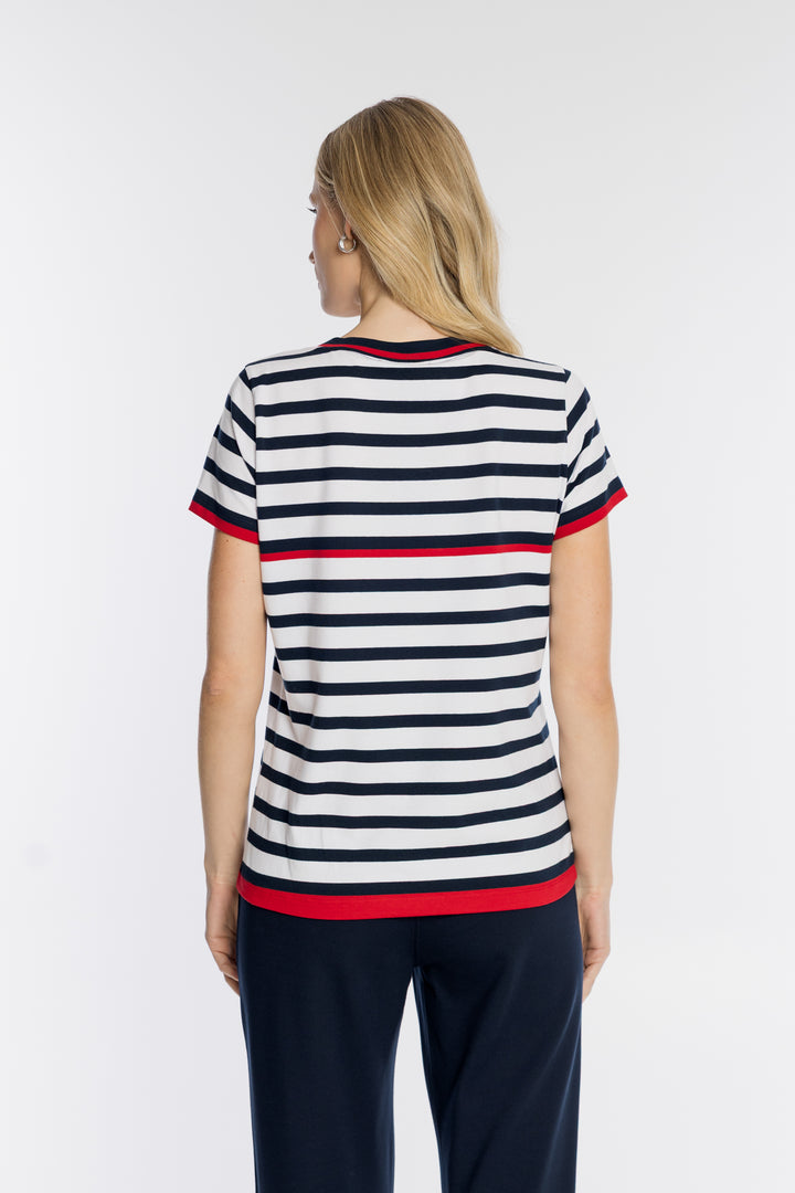 Damski T-shirt w marynistyczne paski z czerwonymi akcentami