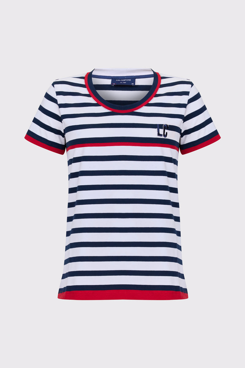Damski T-shirt w marynistyczne paski z czerwonymi akcentami
