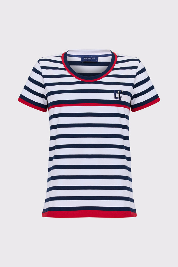 Damski T-shirt w marynistyczne paski z czerwonymi akcentami