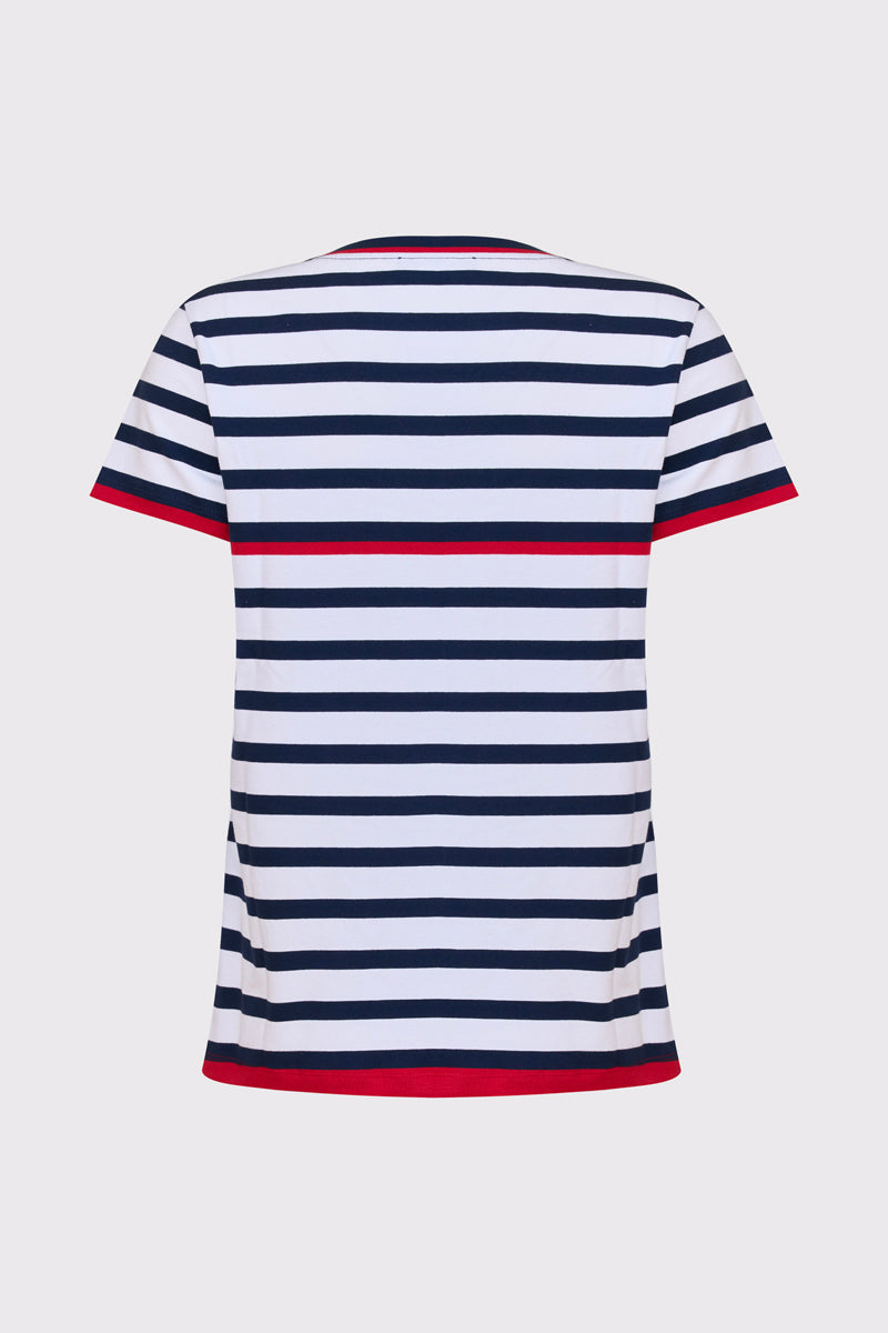 Damski T-shirt w marynistyczne paski z czerwonymi akcentami