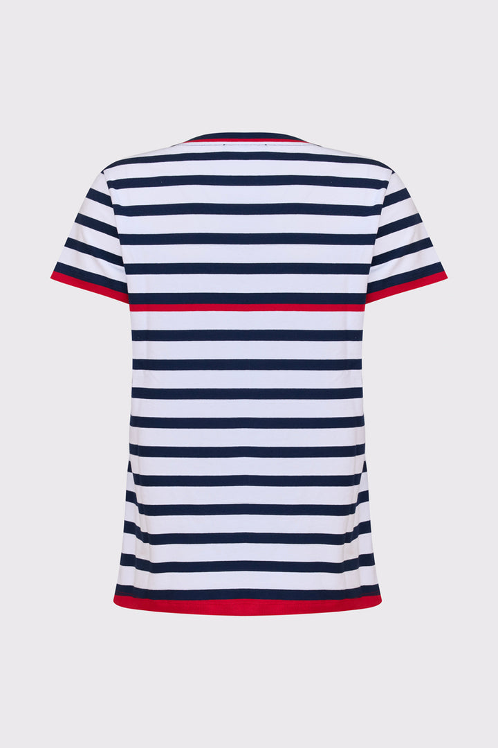 Damski T-shirt w marynistyczne paski z czerwonymi akcentami