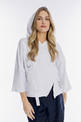 Biała asymetryczna bluza z kapturem i suwakami