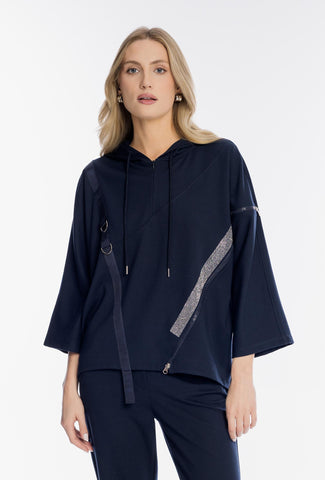 Granatowa asymetryczna bluza z kapturem i cyrkoniami