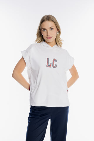 Biała bluza bez rękawów z kapturem i logo