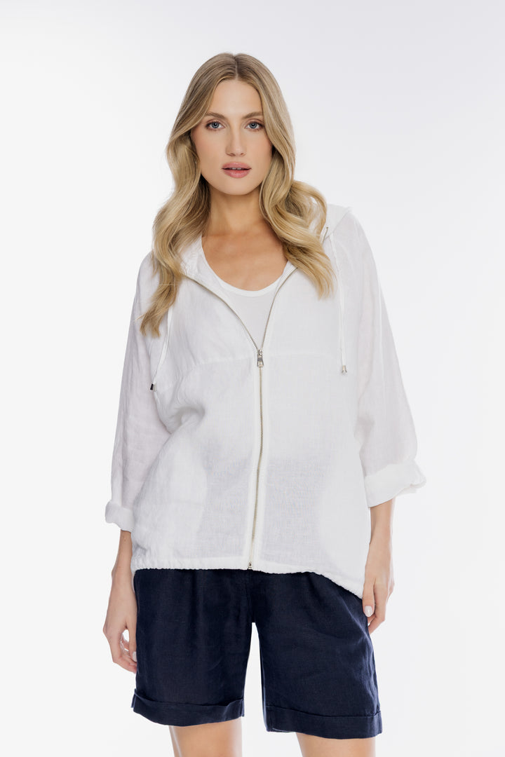 Biała lniana bluza z kapturem i zdobieniem
