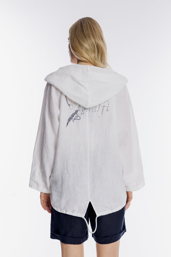 Biała lniana bluza z kapturem i zdobieniem