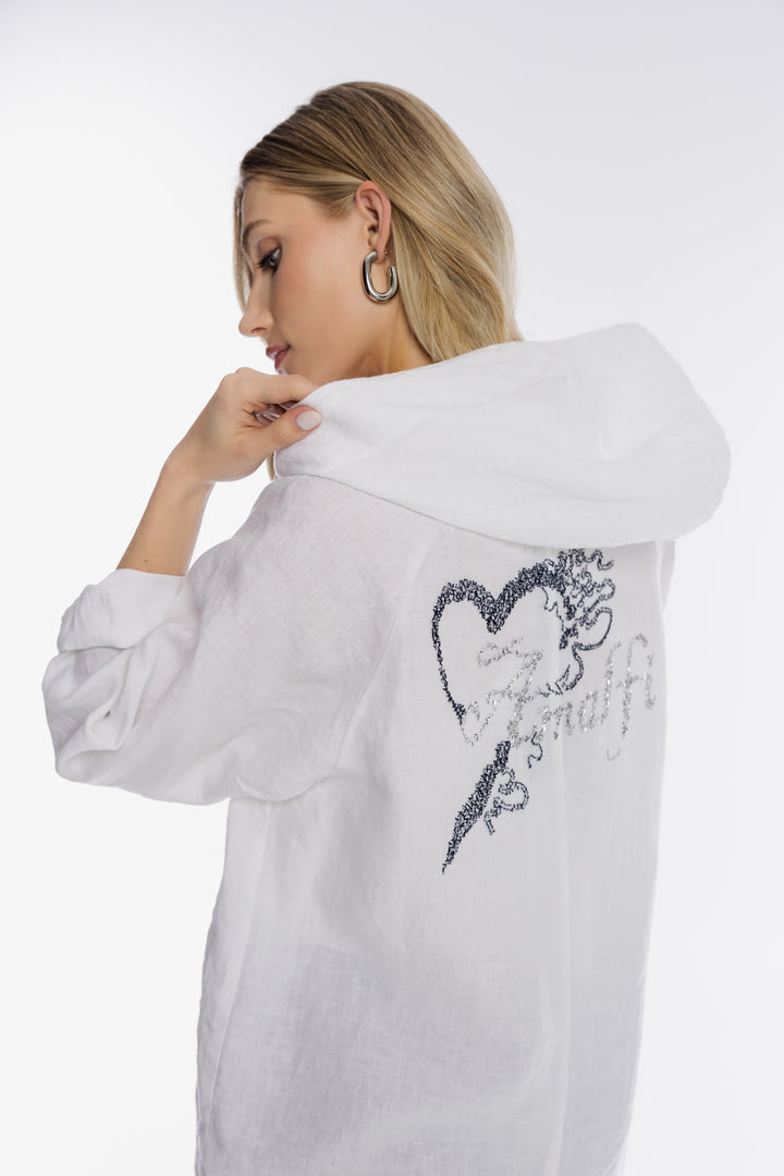 Biała lniana bluza z kapturem i zdobieniem