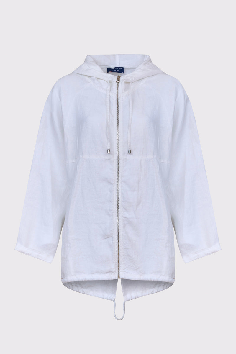 Biała lniana bluza z kapturem i zdobieniem