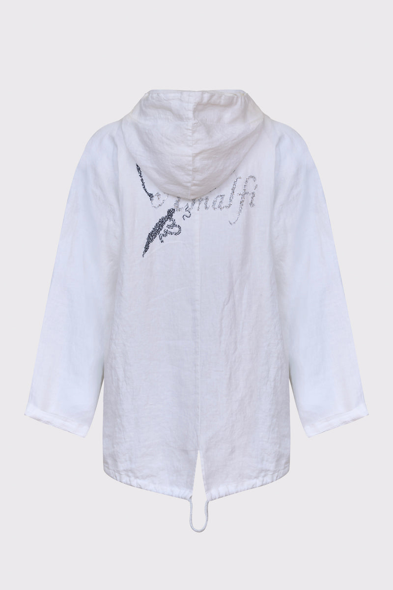 Biała lniana bluza z kapturem i zdobieniem