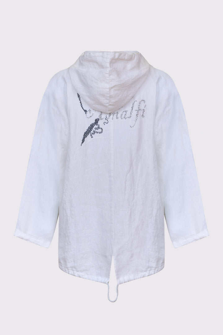 Biała lniana bluza z kapturem i zdobieniem