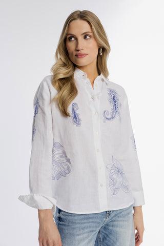 Biała lniana koszula z niebieskim haftem paisley