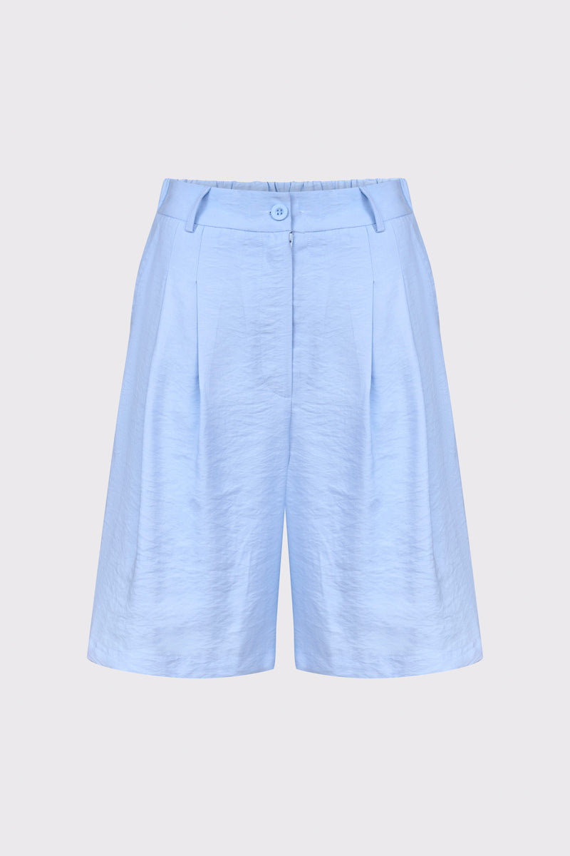 Błękitne szorty damskie z wysokim stanem i zakładkami