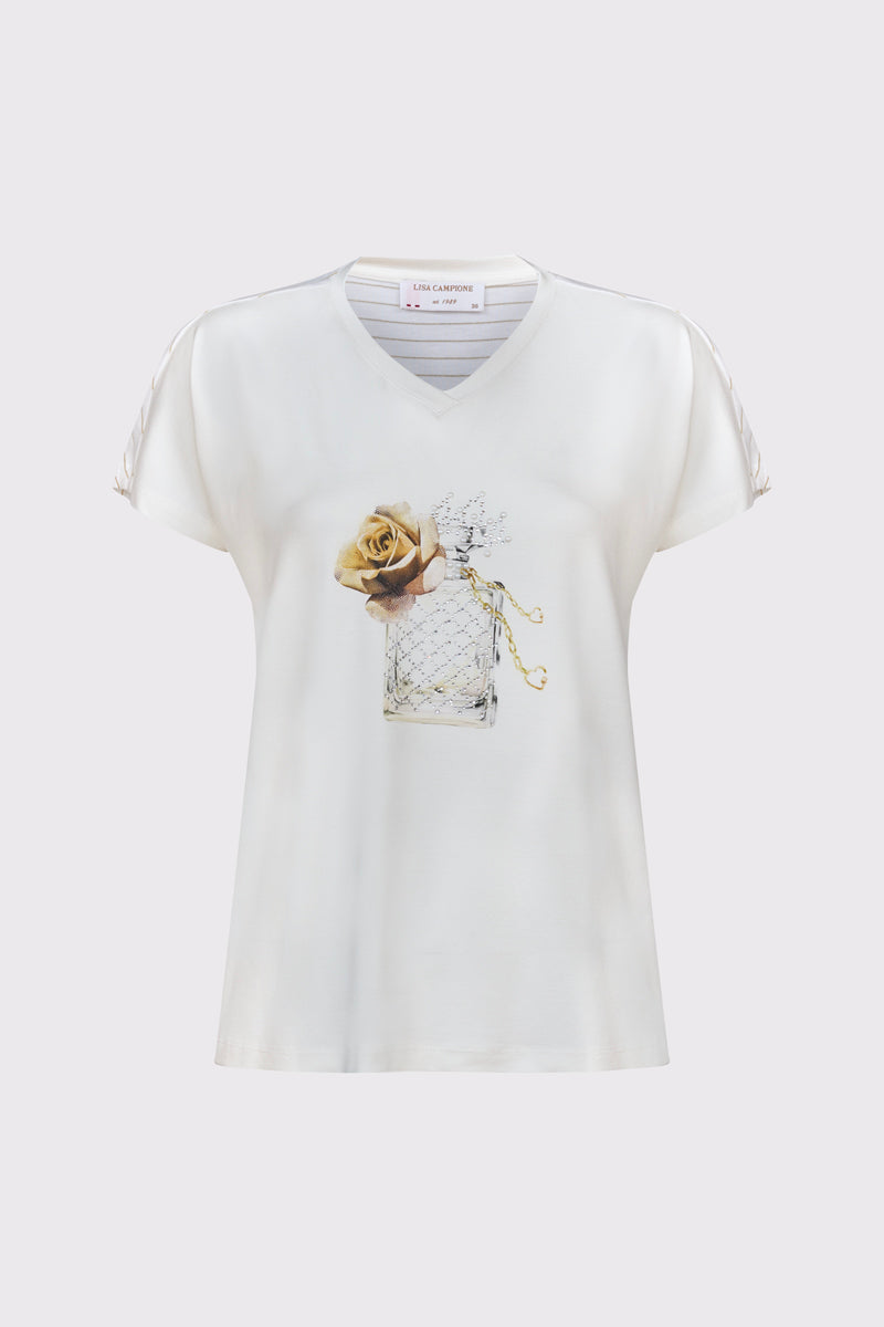 Elegancki T-shirt damski z biżuteryjną aplikacją i paskami