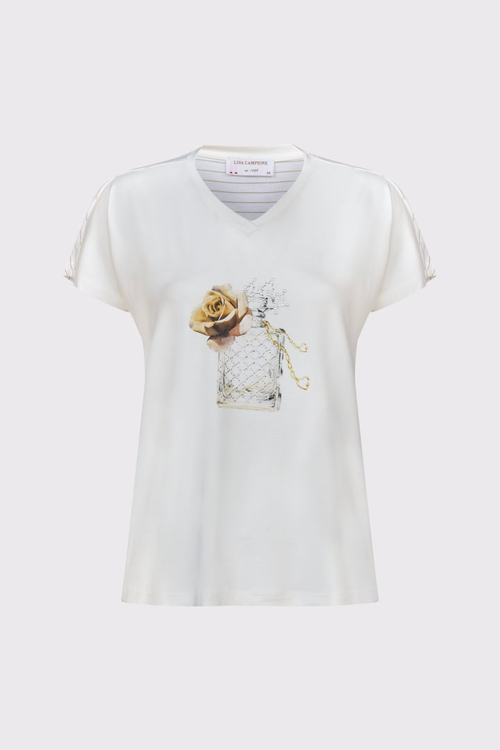 Elegancki T-shirt damski z biżuteryjną aplikacją i paskami