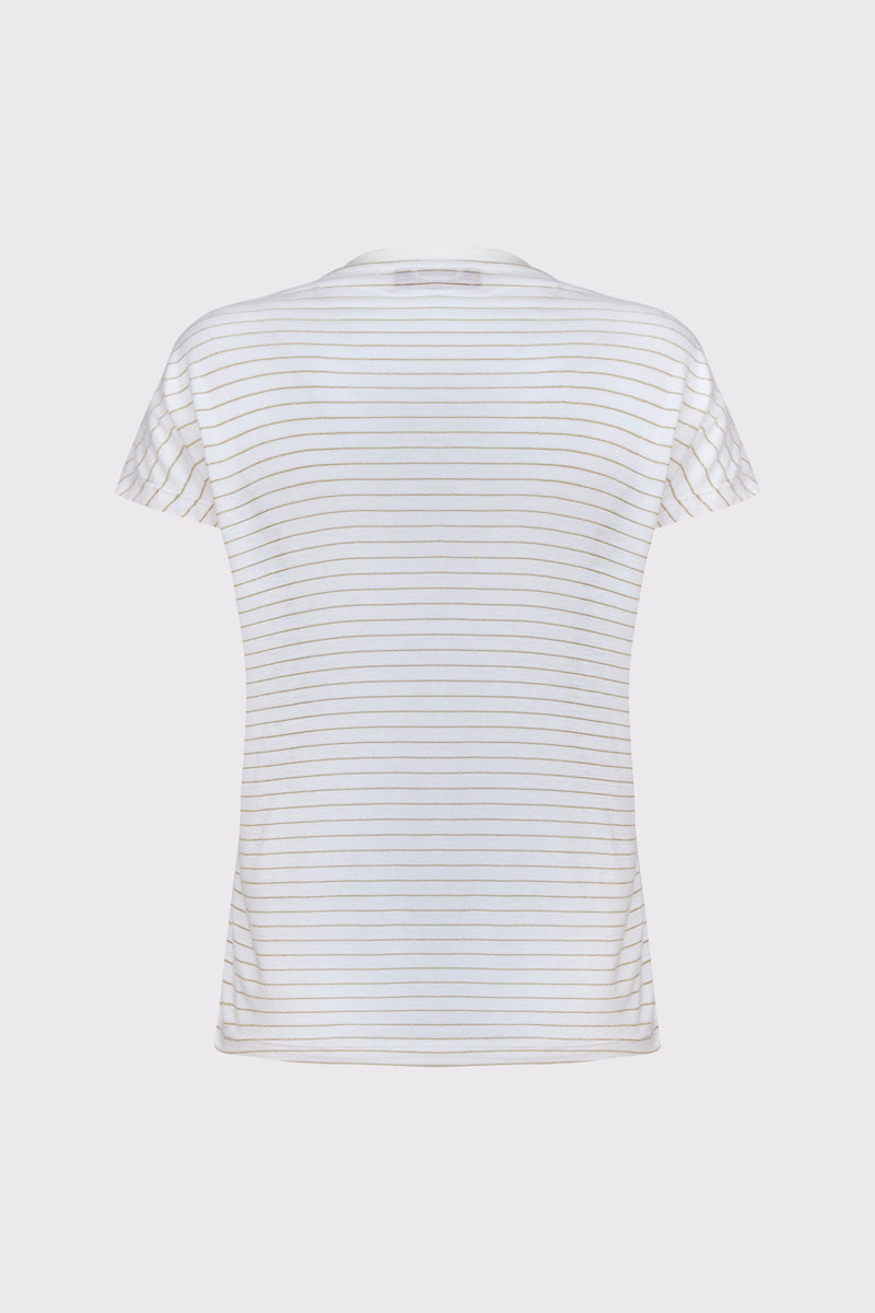 Elegancki T-shirt damski z biżuteryjną aplikacją i paskami