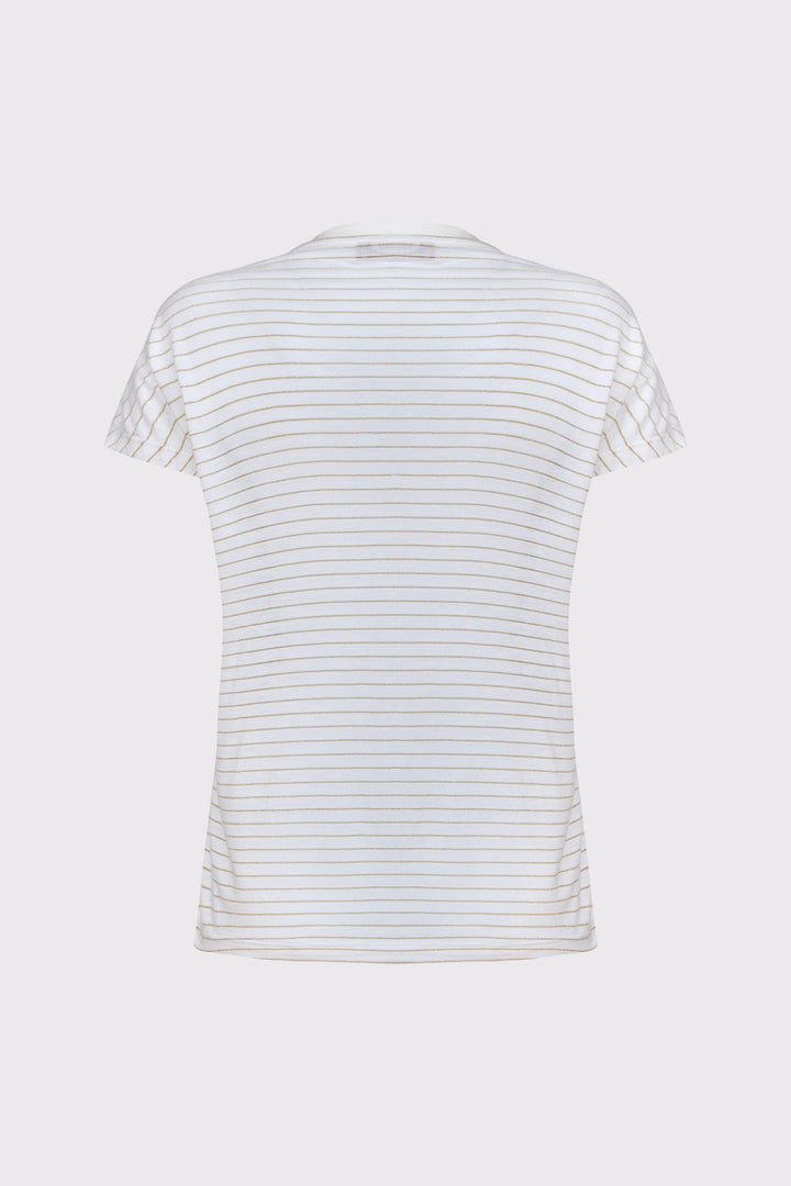 Elegancki T-shirt damski z biżuteryjną aplikacją i paskami