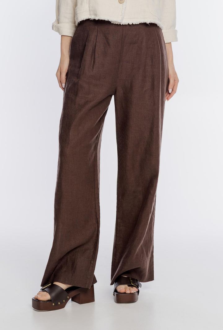 Brązowe lniane spodnie damskie z szerokimi nogawkami
