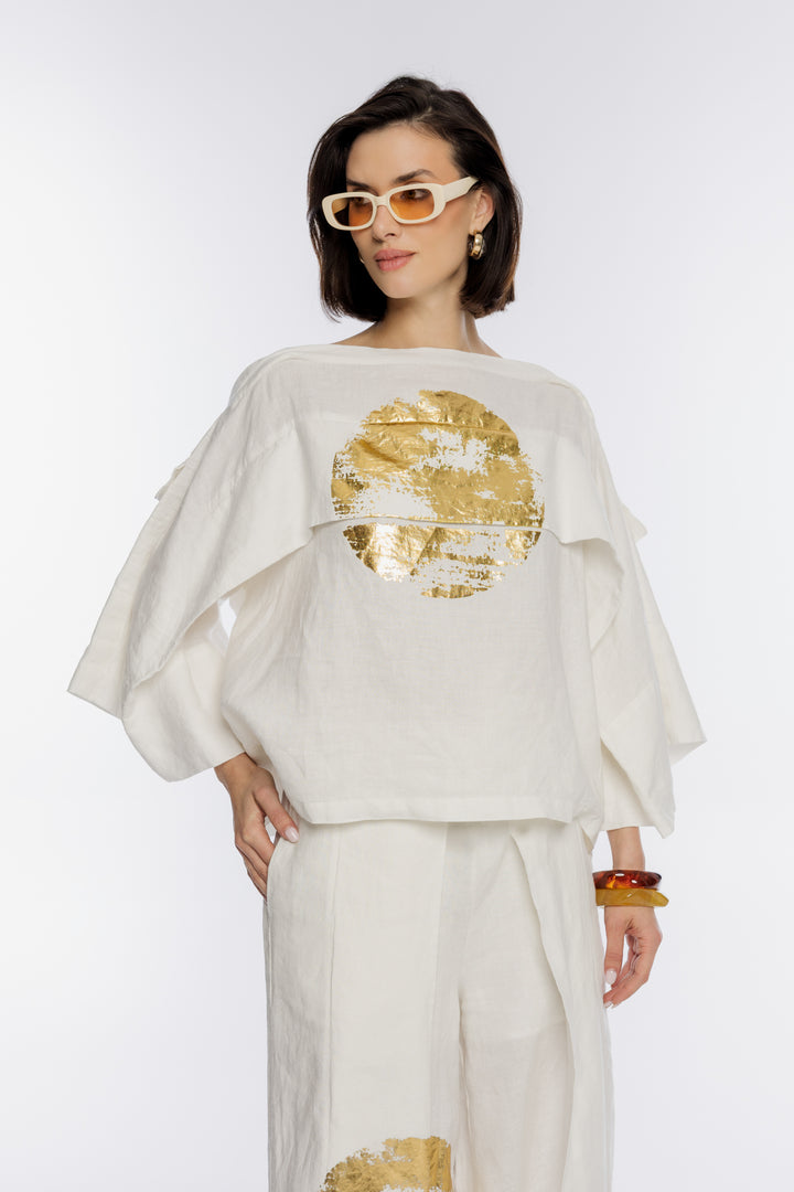 Lekka lniana bluzka damska ze złotym nadrukiem