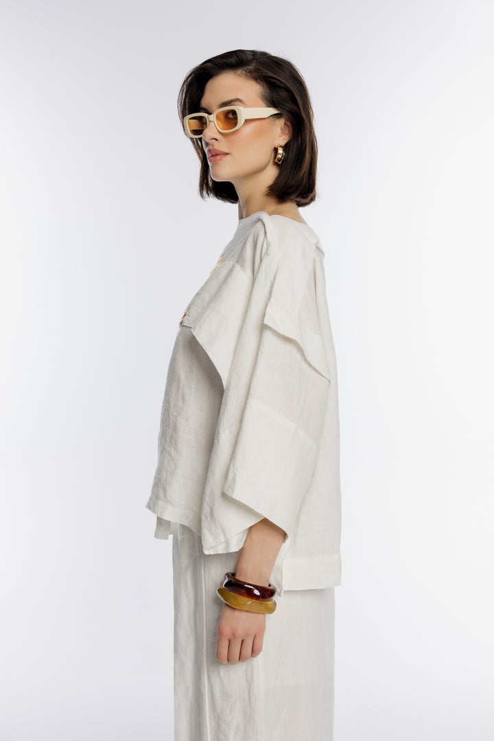 Lekka lniana bluzka damska ze złotym nadrukiem