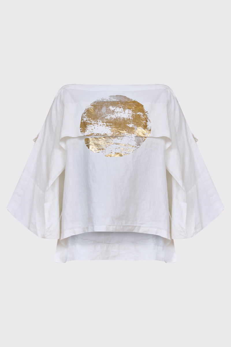 Lekka lniana bluzka damska ze złotym nadrukiem